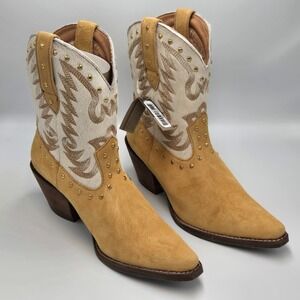 New Dingo Women's Yellow‎ White Rodeo Queen DI2222 Suede Hair Western Boots 7.5M